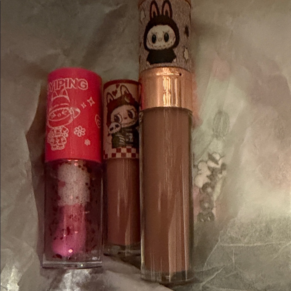 Cute Labubu Character Lip Gloss Set - Pink and Nude